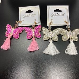 Butterfly Felt Tassel Earrings 1 pink & 1 White